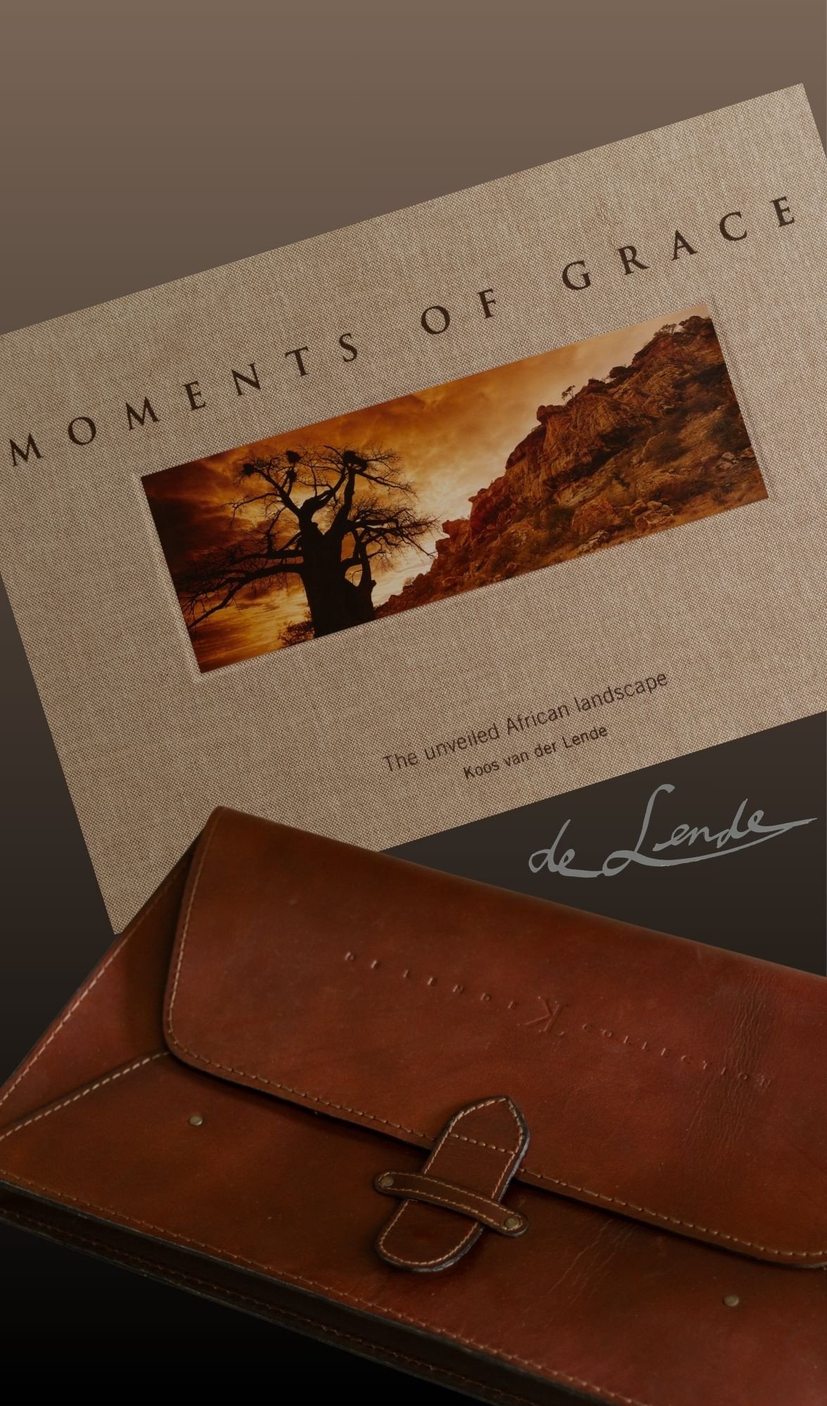 Moments of Grace beside its leather pouch, with Koos van der Lende's signature